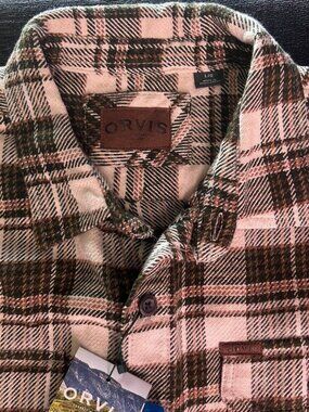 Orvis Outfitting Collection Flannel Shirt L Cream Brown Green Plaid Cotton